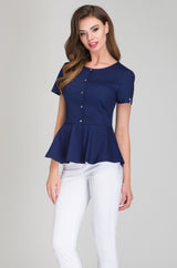 Navy blue button-up apron with peplum