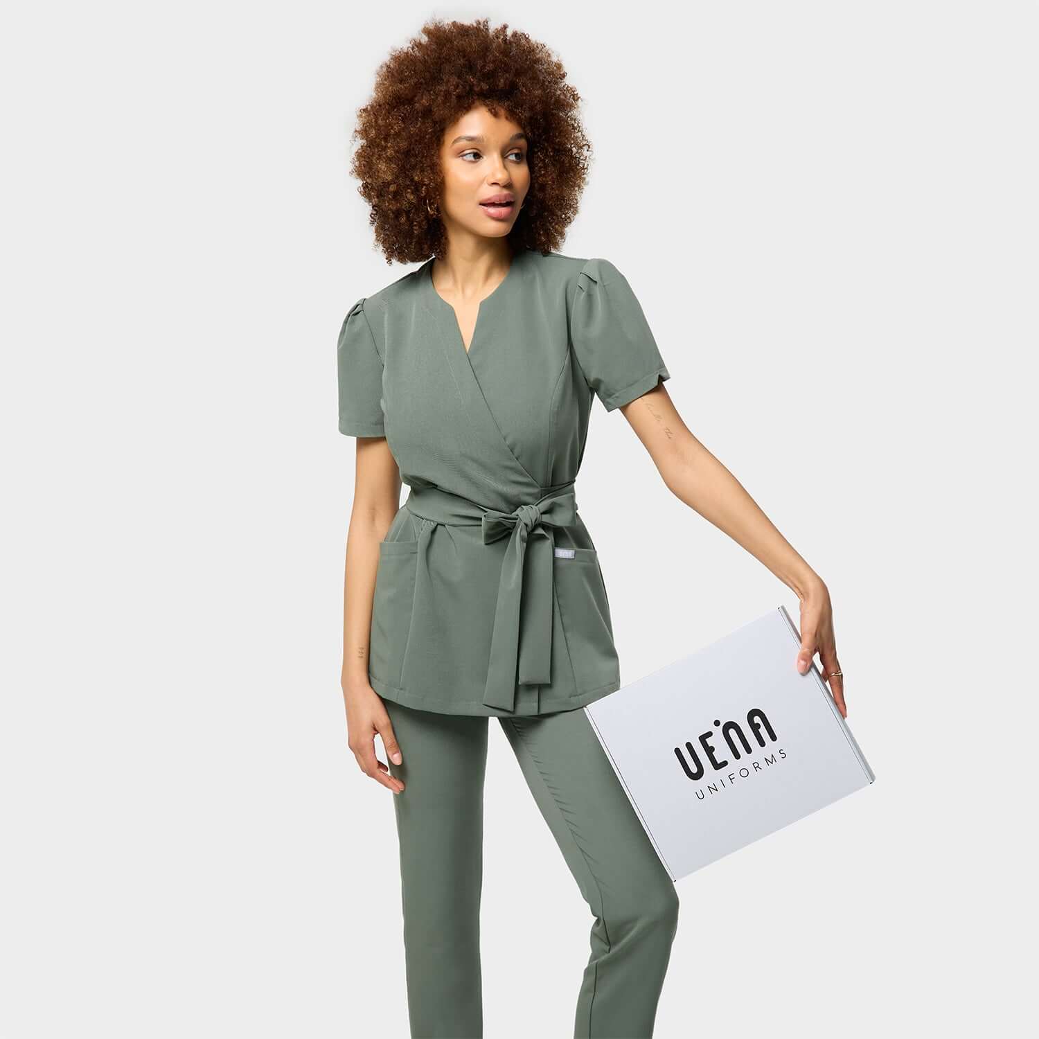 AMELIA tied medical apron - EUCALYPTUS GREEN 