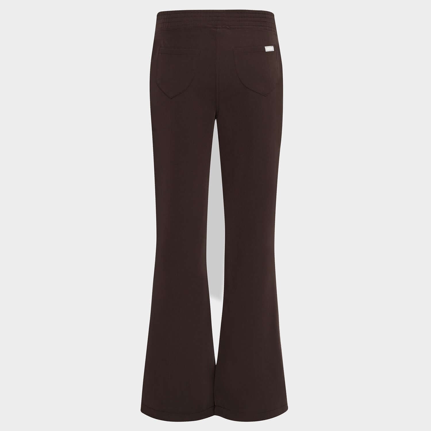 Damskie spodnie medyczne flare z rozszerzaną nogawką, brązowy kolor, tylny widok, elegancki  styl.