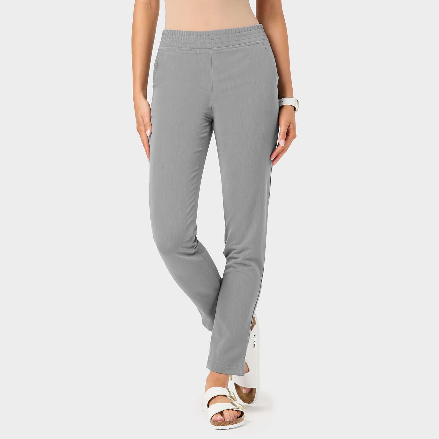 Spodnie medyczne damskie w kolorze Misty Grey widziane z przodu